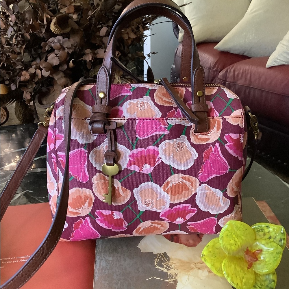 Fossil Rachel Floral Burgundy Crossbody Satchel 12x10